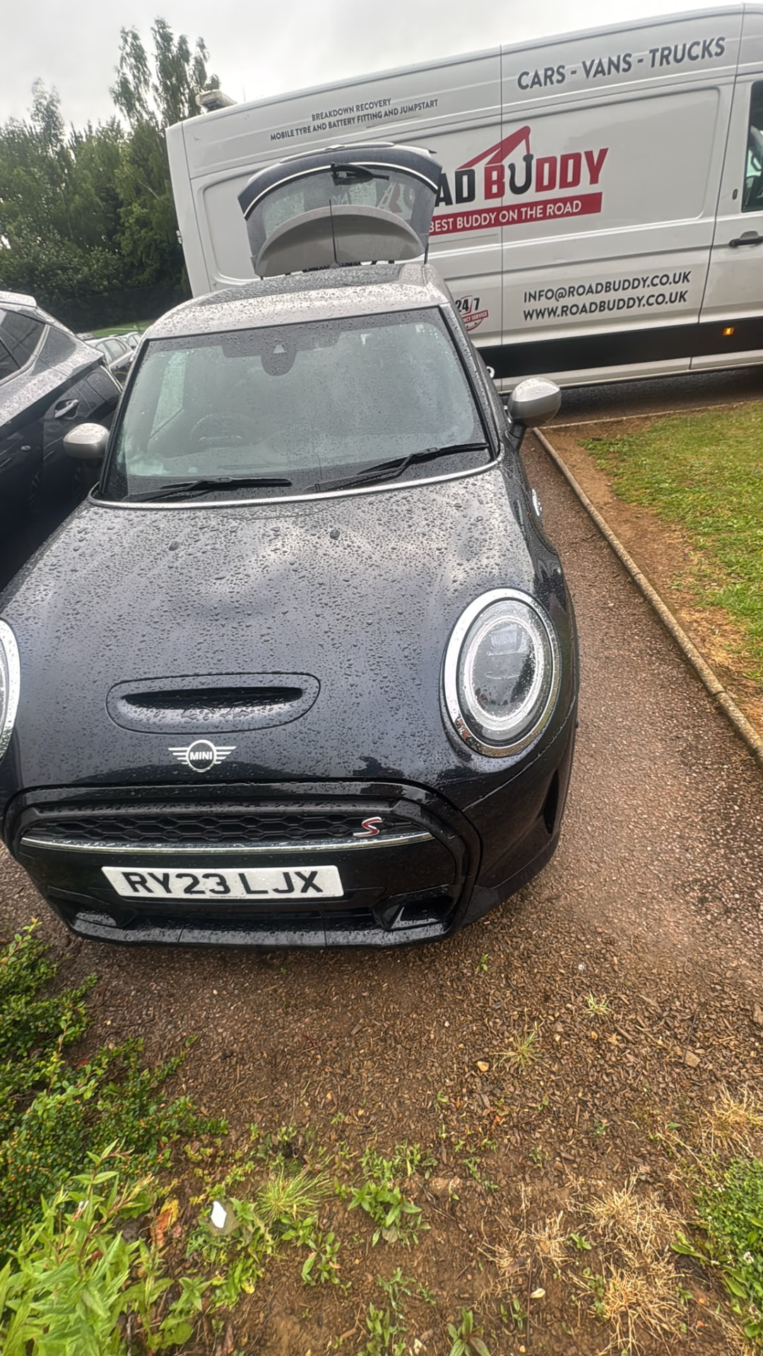 Small hatchback parked in front of the Road Buddy van during a mobile tyre fitting job in Warwick